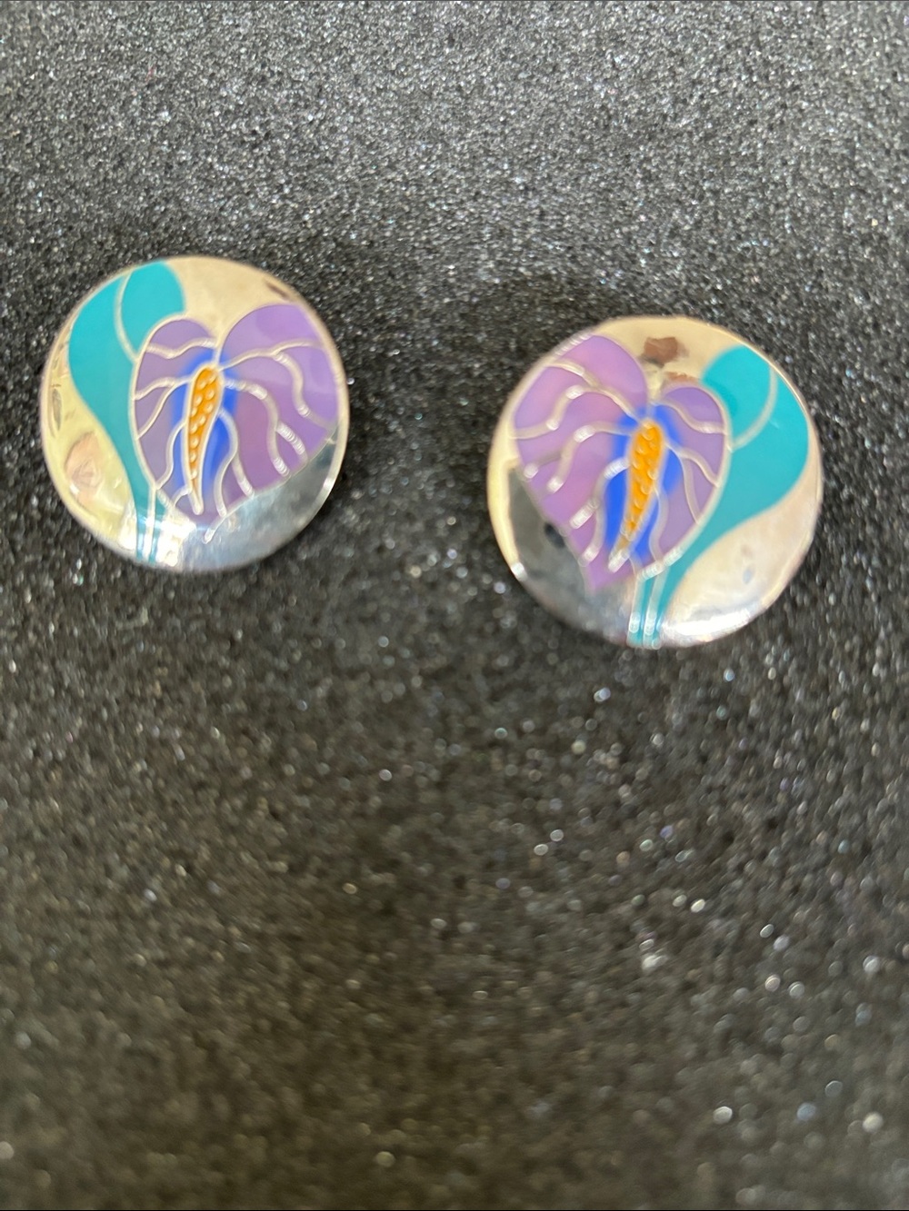 Laurel Burch Antherium Silver Tone Floral Cloisonné Stud Earrings